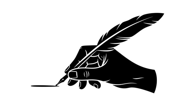 A black and white illustration of a hand holding a quill pen and writing on a surface.