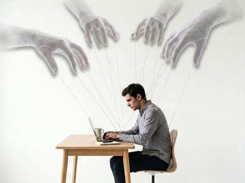 Controlled Employee Concept: Businessman Manipulated by Invisible Forces Representing Workplace Pressure and Lack of Autonomy