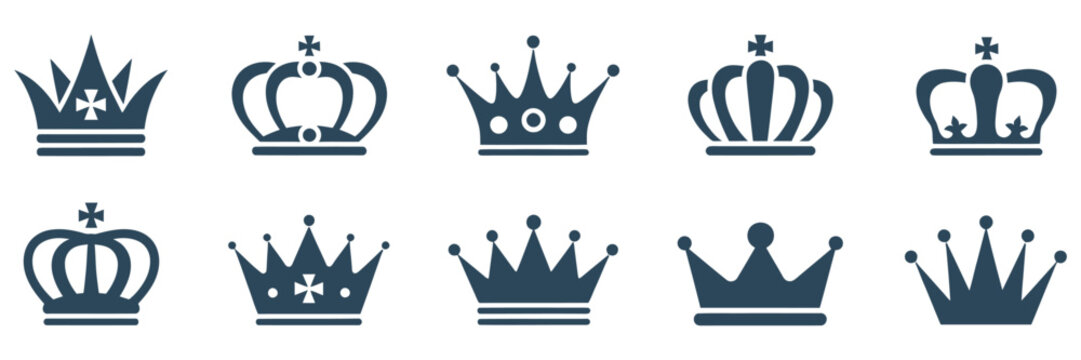 Royal crown icon, king queen tiara symbols, luxury monarchy graphics, regal diadem collection, vector illustration
