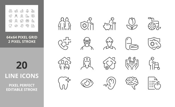 Line icons about elderly. Contains such icons as nursing home, insurances, medical assistance and more. Editable vector stroke. 64 and 256 Pixel Perfect scalable to 128px...