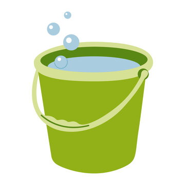Plastic Bucket with Water Flat Illustration Household Pail Cleaning Container Utility Bucket Icon