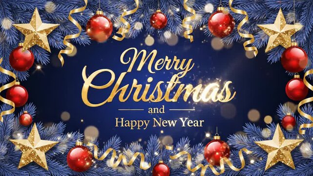Merry christmas and happy new year greeting card with golden stars, red ornaments and pine branches on a blue background
