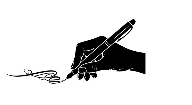 A silhouette of a hand holding a pen and writing elegant swirls on a white background.