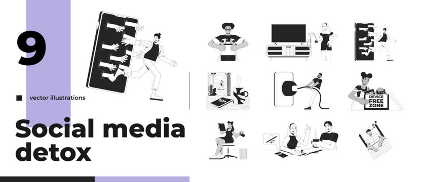 Social media detox lifestyle outline illustrations bundle. Device free. Mental wellness. Unplug. Escaping smartphone dependency 2D linear images isolated. Collection black and white vector drawings