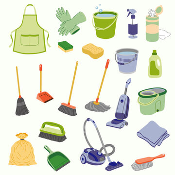 Flat Illustration Set Household Cleaning Tools Collection Bucket Mop Broom Vacuum Gloves Supplies