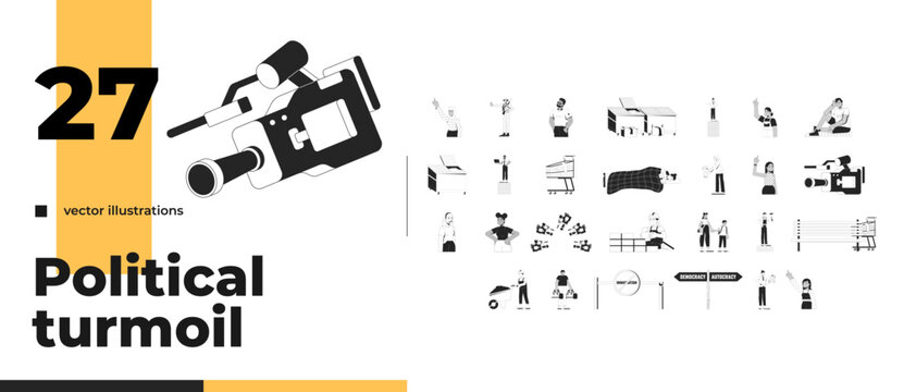 Modern social issues and societal themes outline illustrations mega bundle. Immigration and labor. Media influence. Diverse people 2D linear images isolated. Collection black and white vector drawings