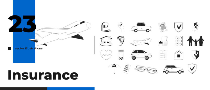 Insurance protection and safety outline illustrations bundle. Home coverage. Medical policy. Cars shields. Insured symbols 2D linear images isolated. Collection black and white vector drawings