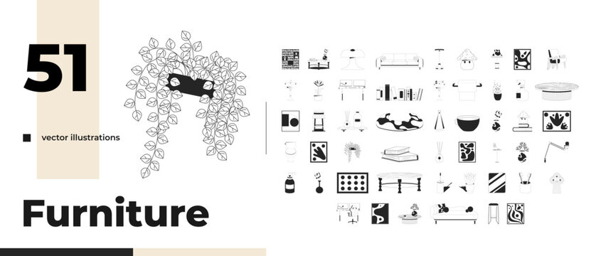 Mid-century furniture and home decor outline illustrations mega bundle. Eclectic accessories. Boho-Scandinavian furnishings 2D linear images isolated. Collection black and white vector drawings
