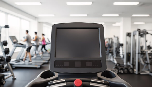 close up of modern treadmill digital display console in bright commercial fitness center with blurred people exercising in background highlighting equipment technology and cardio training