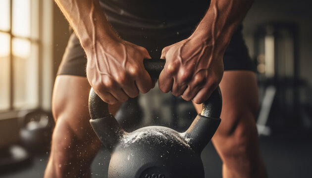 close-up of muscular athlete hands gripping heavy black kettlebell with chalk powder in dark gym during intense strength training workout and powerlifting physical fitness session