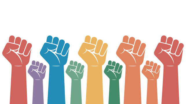 Colorful raised fists symbolizing unity protest empowerment activism social justice movement diversity equality solidarity human rights community strength concept