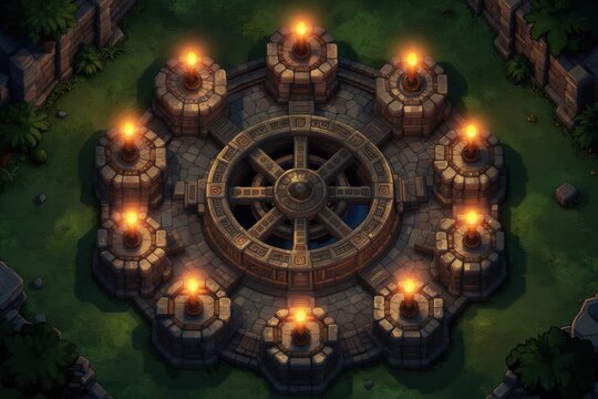 Top down view of ancient stone circle ruin. Circular structure has glowing torches around large wheel. Dark grassy area with stone walls and plants. Game level design.