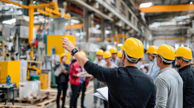 Factory worker team briefing production floor with safety helmet, industrial teamwork, planning