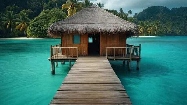 Tropical hut on stilts with thatched roof over turquoise sea water and lush green forest