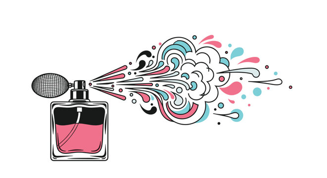 Elegant perfume bottle releasing a vibrant cloud of colorful scent droplets and swirls in a stylized artistic spray.