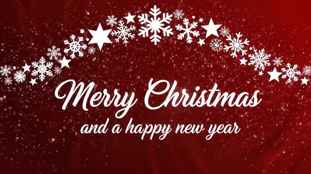 Merry christmas and a happy new year greeting card design with snowflakes and stars on red background