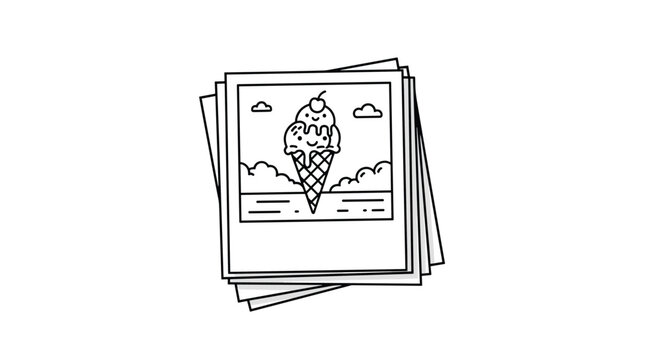 Stack of black and white polaroid photos with the top image depicting a smiling ice cream cone at the beach in a detailed sketch.