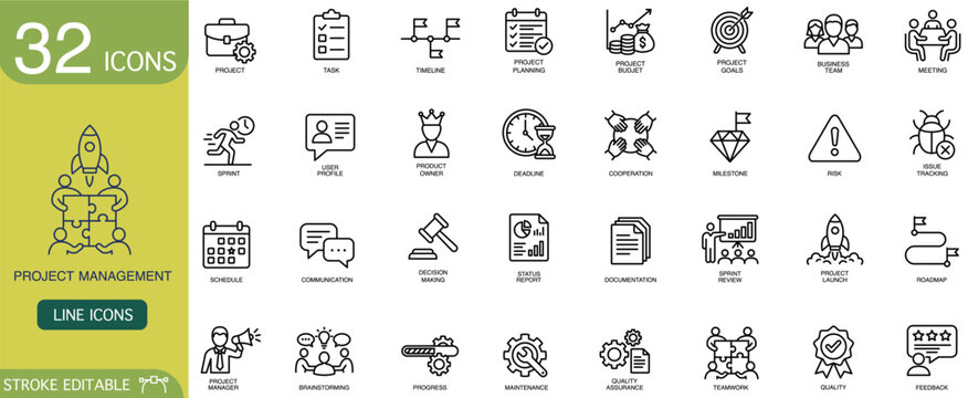 Project management line icon outline business planning schedule timeline set of editable stroke symbols for workflow task budget meeting risk milestone teamwork communication