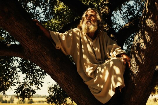 Old man with long beard sits in tree branch looking up. Light falls on his face. Biblical story scene, faith and hope concept. Rural landscape background in sun.