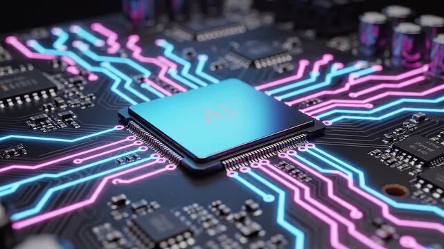 Microchip with neon circuit board lines glowing blue and pink in electronic hardware