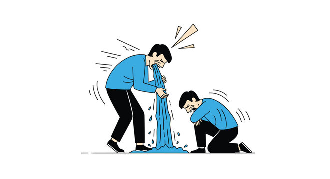 Minimalist illustration of two people in blue shirts bent over and vomiting large streams of blue water on the ground.