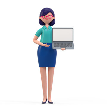 A woman stands holding a laptop with a blank screen