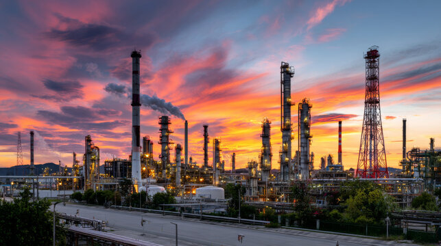Oil refinery sunrise industrial warm light smoke sky energy factory