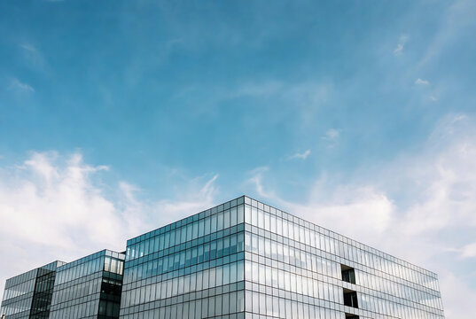 A modern glass office building against a blue sky with clouds. It appears to be daytime, likely taken from an elevated position.