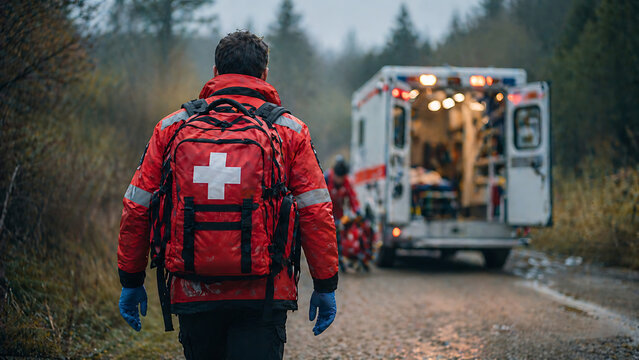 Professional emergency rescue worker wearing a large red medical backpack walking toward an ambulance in a misty forest area representing world red cross day service