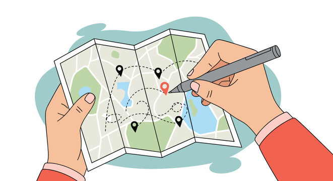 Person holding and marking a folded map with a pen indicating a travel route with various location pins and paths in a flat style.