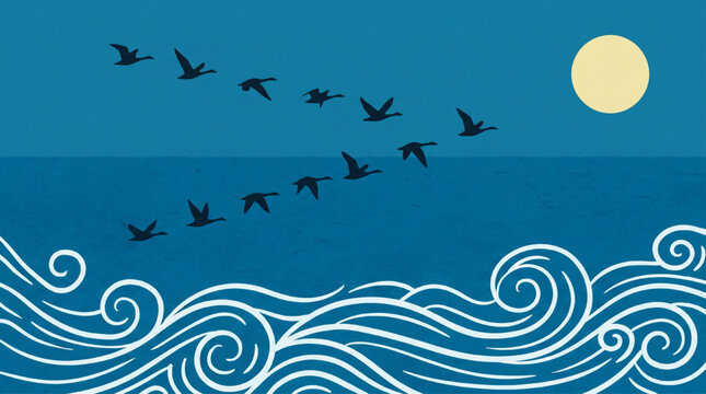 Migrating birds flying over ocean at night