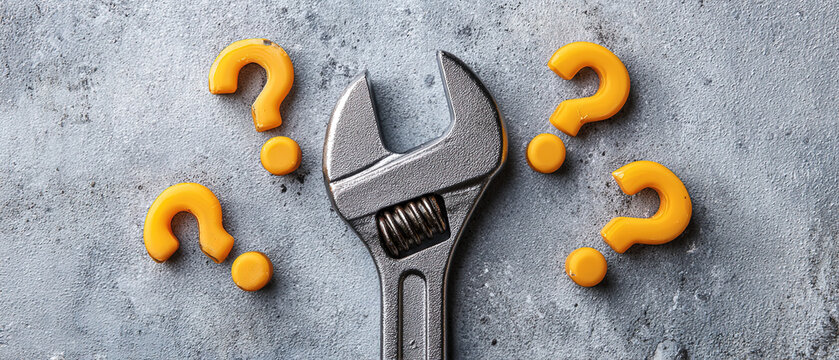 Metal wrench surrounded by yellow question marks on a gray textured surface, symbolizing mechanics, troubleshooting, or problem solving.