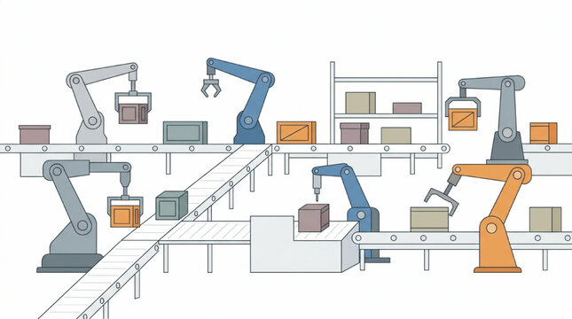 Industrial robotic assembly line with conveyor belts and boxes