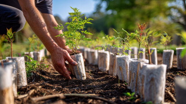 Young tree saplings biodegradable tubes arranged rows soil planting outdoor hand Young tree