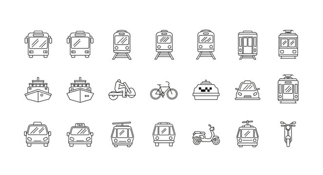 Collection of hand-drawn transportation icons on white background.
