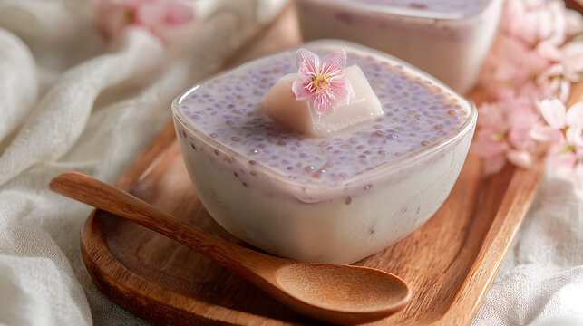 Purple taro sago pudding topped with a delicate pink blossom, served in a glass bowl on a wooden tray. A soft, aesthetic traditional dessert with a creamy texture and floral notes