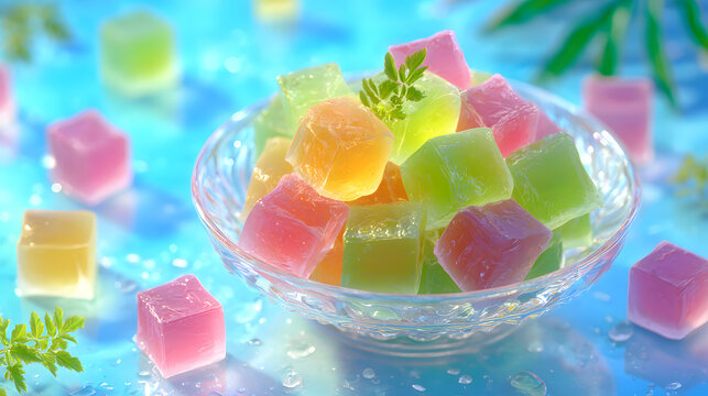 Assorted colorful fruit jelly cubes in a crystal glass bowl. Bright pink, green, and yellow translucent gummy sweets or "Kohakutou" gems, creating a playful and refreshing summer dessert look