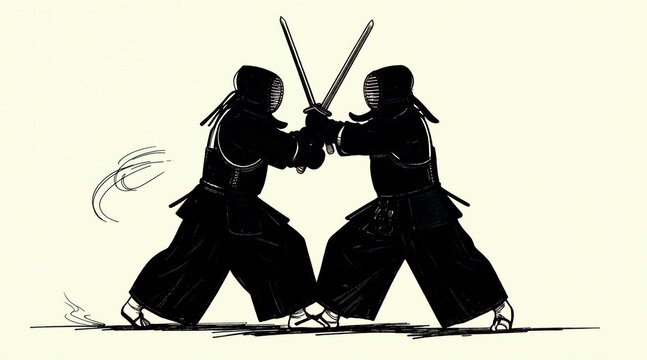Two kendo fighters duel with bamboo swords. Athletes wear black protective armor and helmets. They face each other in a stance ready for attack or defense.