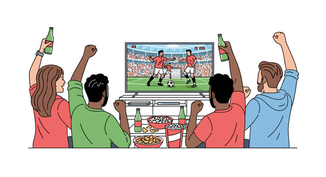 Group of cheering fans watching a televised game together.
