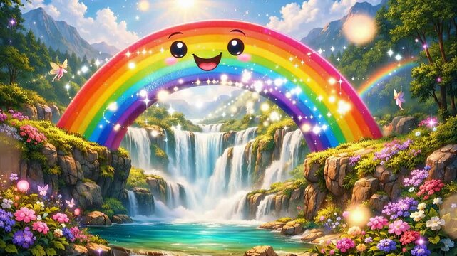 Cute rainbow over waterfall with smiling face colorful fantasy landscape magic nature scene bright