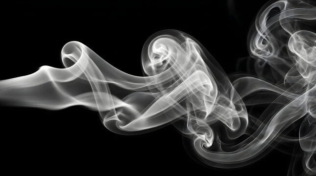 Elegant flowing white smoke or vapor trails forming abstract swirling patterns against a solid black background. Ideal for mystical, industrial, or atmospheric designs.