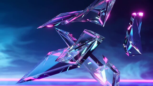 Abstract crystal shards floating in a vibrant neon atmosphere. Represents modern design, creativity, and digital aesthetics