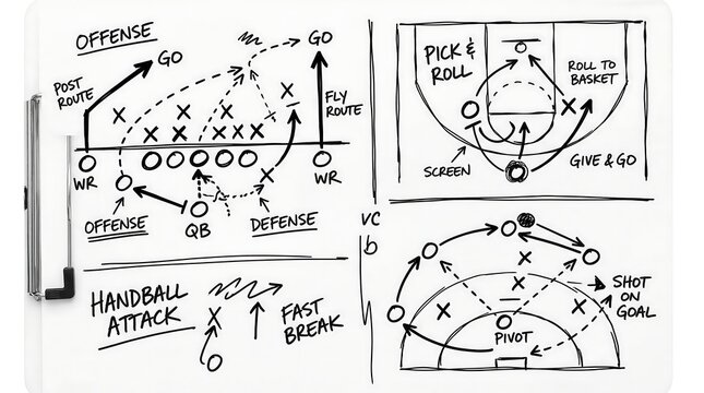 Hand drawn football play diagrams and strategy sketches.