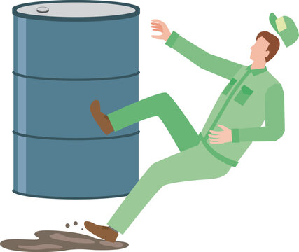 オイルで滑って転倒する男性作業員