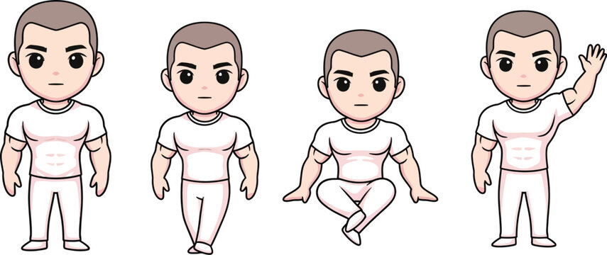 Cute muscular man cartoon character in various poses vector illustration