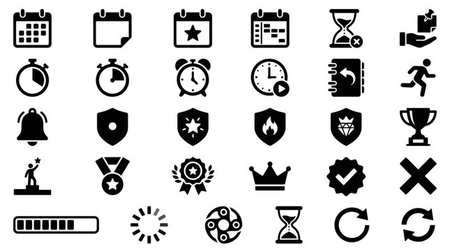Collection of black vector icons featuring clocks shields trophies and symbols.