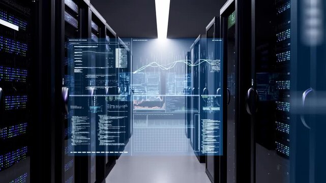 High-tech data center with digital analytics and server racks. Represents the backbone of modern technology and data management