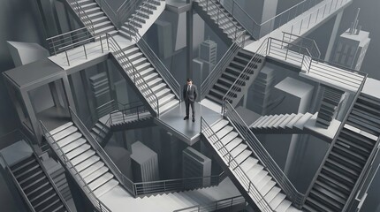 Fototapeta premium Intricate Crisscrossing Staircases Inside Glass Atrium.