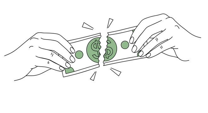 Human hands tearing green dollar banknote in half symbolizing financial loss or economic crisis concept for business news.