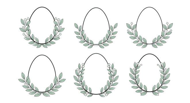Collection of egg frames decorated with green hand drawn leaves and berries for easter holiday greeting cards decoration.